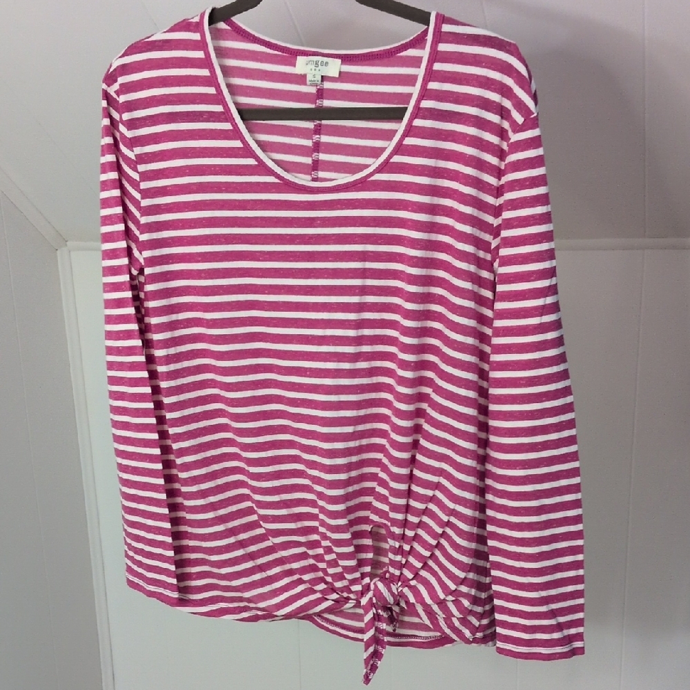 Umgee Pink and White Striped Long Sleeve Top.